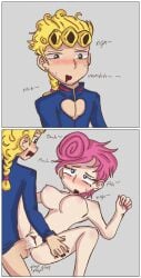 1boy 1girls bad_art blank_background blonde_hair blue_eyes blush clothed clothed_male_nude_female completely_nude_female cum cum_in_ass cum_inside giorno_giovanna grabbing_thighs green_eyes i_hate_my_life jojo's_bizarre_adventure moaning onomatopoeia open_mouth pink_hair raw_sex self_upload straight sweat trish_una vaginal_penetration vaginal_sex vento_aureo