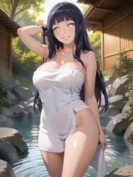 ai_generated ass big_ass big_breasts black_hair hot_spring huge_ass huge_breasts hyuuga_hinata isogil long_hair naruto naruto_(series) onsen standing_in_water towel water white_eyes