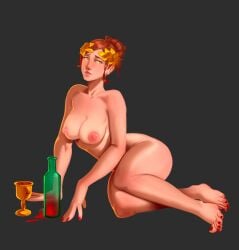 1girls 2d_(artwork) big_areola breasts curvy curvy_figure hair_bun hi_res imperial naked pinup red_hair red_nails sbtdesu tagme the_elder_scrolls wine yellow_eyes