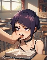 1boy 1girls ai_generated blush cock_hungry cum cum_in_mouth drooling exposed_breasts finger_in_mouth goth_girl kyoka_jiro library my_hero_academia open_mouth small_breasts sultralis