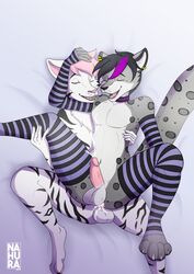 2019 anthro balls bodily_fluids clothing collar cum digital_media_(artwork) duo erection felid fur genital_fluids girly hair hi_res legwear leopard male mammal mike_withlook nahura_kihira nude open_mouth pantherine penetration penis sex simple_background smile socks spots spotted_fur stripes tiger yaoi