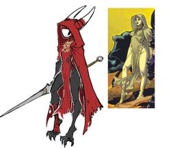 2girls anthro breasts cloak clothed clothing female female_only flat_chest fully_clothed fur guoh hollow_knight hood hornet_(hollow_knight) human humanoid jewelry nail_(weapon) necklace non-human_feet red_cloak red_hood reference_image rock skinny spider_girl standing thick_thighs