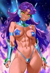 abs ai_generated alien alien_girl alternate_costume alternate_hairstyle armor bikini_armor colored_sclera dc_comics female female_focus green_eyes jagat_ai long_hair novelai pasties purple_hair smile solo solo_female standing starfire string_panties tamaranean tanned tanned_skin toned toned_female