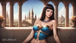 1lifepoint ai_generated black_hair busty cleavage corset dark_hair egyptian eyeshadow highres looking_at_viewer midriff navel outdoors outside patreon wallpaper