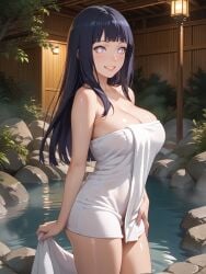 ai_generated ass big_ass big_breasts black_hair hot_spring huge_ass huge_breasts hyuuga_hinata isogil long_hair naruto naruto_(series) onsen standing_in_water towel water white_eyes