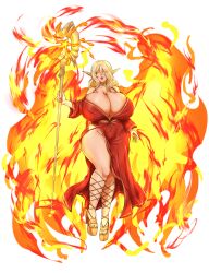 blonde_hair cleavage collar dress elf fiery_wings fire fire_manipulation full_lips glowing_eyes ham121ham huge_breasts lipstick looking_at_viewer open_toe_shoes pointy_ears red_dress smiling smiling_at_viewer staff thick_thighs toes white_background wide_hips yellow_eyes