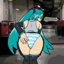 ablazemosquit0 ass back_view blue_nails hatsune_miku hentai legs_together looking_at_viewer panties pulling_panties speech_bubble spread_pussy spreading striped_panties talking_to_viewer thigh_highs thighhighs