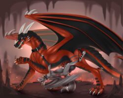 2018 5_fingers absurd_res anal anthro anthro_on_feral anthro_penetrated balls belly_riding black_sclera bodily_fluids bound canid canine canis collar cum cum_in_ass cum_inside detailed_background dragon feral feral_penetrating feral_penetrating_anthro genital_fluids hi_res horn hybrid knot larger_feral larger_male leash leashed_to_genitals male male_on_anthro male_on_feral male_penetrated male_penetrating mammal membrane_(anatomy) membranous_wings orange_eyes penetration penis scalie sergeantyakirr sex size_difference smaller_anthro smaller_male smile standing teeth western_dragon wings wolf yaoi zoophilia