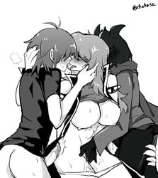 1girls 2boys anthro ass blush bottomless breasts chokaso claws clothed deltarune female female_anthro fingering furry goat hair_over_eyes heavy_breathing human interspecies kris_(deltarune) large_breasts male male_anthro male_human monochrome multiple_boys panties panties_down penis ralsei scalie shirt shirt_lift sketch straight susie_(deltarune) text thick_thighs threesome trembling watermark wet wide_hips