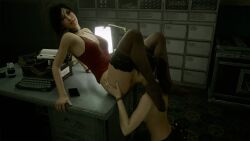 2females ada_wong arcasad bottomless_female capcom claire_redfield cunnilingus grabbing_thighs on_desk pleasure_face resident_evil_2_remake topless_female yuri