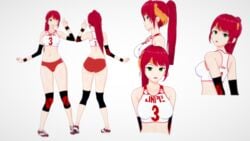 1girls bare_shoulders breasts extremesoda female female_only green_eyes gym_uniform long_hair looking_at_viewer midriff navel open_mouth ponytail pyrrha_nikos red_hair rwby short_shorts simple_background solo tiara white_background