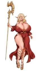 blonde_hair cleavage collar dress elf full_lips glowing_eyes ham121ham huge_breasts lipstick looking_at_viewer open_toe_shoes red_dress smiling smiling_at_viewer staff thick_thighs toes white_background wide_hips yellow_eyes