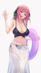 1girls big_breasts bikini breasts busty cleavage curvy female female_only floatie go-toubun_no_hanayome hair_ribbon nakano_nino pink_hair sarong see-through see-through_clothing short_hair solo uyufuzi_s waving wide_hips