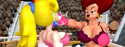 2girls 3d anthro big_breasts blonde_female boxing boxing_gloves boxing_ring bra breasts brown_hair catfight cleavage crossover doyle44 eastern_and_western_character female_focus female_only fight fighting fighting_ring furry goof_troop huge_breasts large_breasts lingerie long_hair mario_(series) milf peg_pete princess_peach punch punching punching_face ryona short_hair