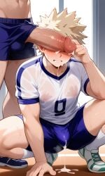 ai_generated bakugou_katsuki big_dick blush cum_on_face dick_on_face gay gay_sex gym_clothes katsuki_bakugou pecs_under_clothes sweating