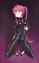 1girls 2020s 2025 5_fingers alternate_version_at_source alternate_version_available ayano_sugiura black_bodysuit black_clothing black_latex black_rubber blush bodysuit bracelet breasts clothing crotch_zipper female female_focus female_only hand_on_hip hand_on_thigh hi_res high_heels human ichigoinsoul jpeg kneeling latex latex_clothing latex_suit light-skinned_female long_hair looking_pleasured navel_line open_eyes open_mouth page_2 pink_eyes pink_hair ponytail posing purple_background purple_hair rubber rubber_clothing rubber_suit shiny_clothes solo tight_clothing yuruyuri zipper