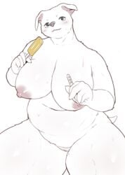 anthro areola barely_visible_genitalia barely_visible_pussy blue_eyes blush bodily_fluids canid canine canis dessert domestic_dog female food front_view fur fur_tuft glistening glistening_fur hi_res ice_cream kemono mammal morokko nipples nude pussy simple_background slightly_chubby solo sweat thick_thighs tuft voluptuous white_background wide_hips