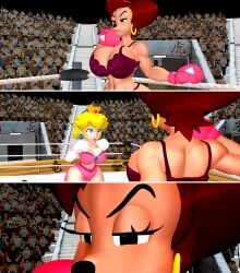 2girls 3d anthro big_breasts boxing boxing_gloves boxing_ring bra breasts catfight cleavage doyle44 female_focus female_only fight fighting fighting_ring furry glaring goof_troop huge_breasts large_breasts mario_(series) milf panties peg_pete princess_peach thick thick_thighs thighs wide_hips