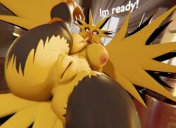 3d_(artwork) anthro areola beak big_breasts biped breasts detailed_background digital_media_(artwork) eyelashes female generation_1_pokemon genitals inside legendary_pokemon looking_at_viewer nintendo nipples nude pokemon pokemon_(species) pupils pussy solo thick_thighs three-quarter_view wings xlkev yellow_body zapdos