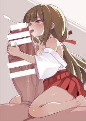 1boy 1girls bar_censor breasts brown_eyes brown_hair censored commentary_request extreme_size_difference fellatio female giant hair_ribbon hammer_(sunset_beach) japanese_clothes larger_male licking licking_penis long_hair macro male male/female medium_breasts micro micro_on_macro micro_on_penis miko mini_person minigirl minigirl_on_penis open_mouth oral original penis ponytail red_ribbon red_skirt ribbon size_difference skirt smaller_female tongue tongue_out veins veiny_penis