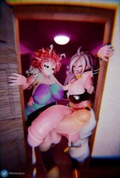 2futas 3d 3d_(artwork) alternate_version_available android_21 big_breasts boku_no_hero_academia door_frame doorframe dragon_ball futanari imminent_rape implied_rape indoors looking_at_viewer malteadota massive_balls massive_cock mina_ashido my_hero_academia penis_touching pink_hair pink_skin precum precum_drip six_pack tagme toned_futa white_hair yellow_eyes