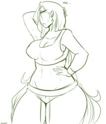 breasts chikkibug cleavage collarbone eyebrows eyebrows_visible_through_hair female female_only monochrome open_mouth solo solo_female sweat tank_top thick_thighs thighs yoga_pants