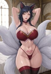 ahri ai_generated animal_ears background big_ass big_breasts black_hair breasts buk1t0 collarbone fox_tail game hands_behind_head high_quality high_resolution highleg_thong highres league_of_legends lipstick medieval meta multiple_tails naughty_face pubic_hair pubic_tattoo red_outfit room slim_waist slit_pupils slutty_clothes slutty_face stockings tattoo yellow_eyes