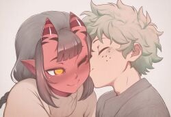 1boy 1boy1girl affectionate boku_no_hero_academia caress couple deku demon_girl dreson female hug izuku_midoriya kissing kissing_cheek love male/female meru_(merunyaa) my_hero_academia no_sex romantic_ambiance romantic_couple straight succubus