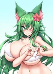 fox_ears fox_girl fox_tail green_eyes green_hair huge_breasts mochifoxxo