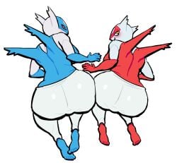 2girls anthro ass big_ass bubble_butt fat_ass female female_only huge_ass large_ass latias latios lovetopullmicke pants png pokemon pokemon_(species) thick_ass thick_thighs topless white_background wide_hips