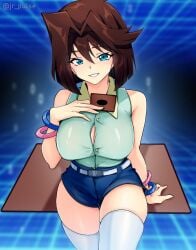 breasts bursting_breasts curvy denim denim_shorts large_breasts leaning_on_object looking_at_viewer mazaki_anzu shorts taut_clothes tea_gardner thick_thighs thighhighs thighs yu-gi-oh! yu-gi-oh!_duel_monsters