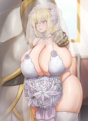 armor blonde_hair blue_eyes bouquet cleavage gigantic_breasts ham121ham huge_hips size_difference skimpy_clothes skimpy_outfit thick_thighs wedding_dress wedding_veil