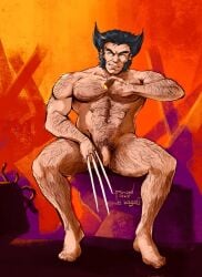 balls bara body_hair flaccid james_howlett male male_only marvel marvel_comics muscles muscular nude penis ponderosa sideburns sitting solo solo_male wolverine_(x-men) x-men