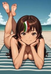 ai_generated beach brown_body brown_eyes brown_hair chilo_chan chilo_sports feet mexican_female naked naked_female smile