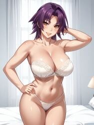 ai_generated azuma_marina big_breasts isogil kashidashi_tsuma_marina_no_"netorase"_houkoku_binkan_tsuma_to_zetsurin_daigakusei looking_at_viewer purple_hair sexy_pose white_bra white_panties white_underwear yellow_eyes