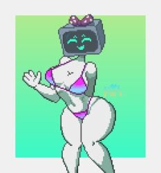 1girls big_breasts big_thighs bikini breasts closed_eyes cute eyes female female_focus female_only girl girly hellenqueenx huge_breasts huge_thighs large_breasts large_thighs open_mouth pixel_(artwork) pixel_art smile thighs tv watermark