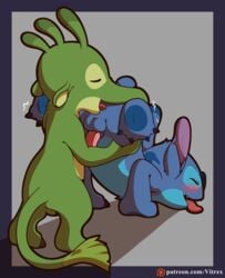 alien anal anus ass balls blush bodily_fluids disney duo erection experiment_(species) felix_(lilo_and_stitch) fur gay hi_res lilo_and_stitch male male_only open_mouth oral penis rimming sex simple_background smile stitch tongue tongue_out vitrex yaoi