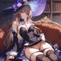 1girls ai_generated dress hat honkai:_star_rail nipple_outline panties_down pussy the_herta_(honkai:_star_rail)