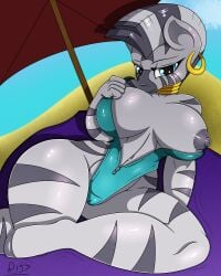 4:5 absurd_res anthro beach breasts clothing ear_piercing ear_ring equid equine female friendship_is_magic hasbro hi_res mammal my_little_pony nipples piercing renegade-157 ring_piercing seaside solo swimwear umbrella zebra zecora_(mlp)