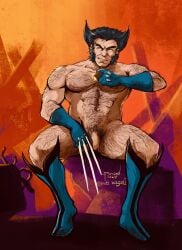 balls bara body_hair flaccid james_howlett male male_only marvel marvel_comics muscles muscular penis ponderosa sideburns sitting solo solo_male wolverine_(x-men) x-men