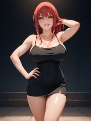 ai_generated black_dress chainsaw_man grin hand_on_hip huge_breasts isogil makima_(chainsaw_man) red_hair ringed_eyes short_dress