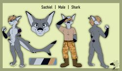 2019 anthro balls brown_hair clothing fingerless_(marking) fish hair hi_res humanoid_penis looking_at_viewer male marine model_sheet nude penis sachiel_(stratosfurr) shark solo