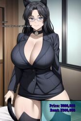 1girls ai_generated big_breasts black_hair breasts cat_ears catgirl curvy_figure enormous_breasts female female_focus female_only glasses hair huge_breasts large_breasts looking_at_viewer mature_female milf nipples smiling smiling_at_viewer thick_thighs thighs