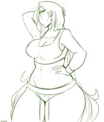 breasts chikkibug cleavage closed_mouth collarbone eyebrows eyebrows_visible_through_hair female female_only monochrome solo solo_female sweat tank_top thick_thighs thighs yoga_pants