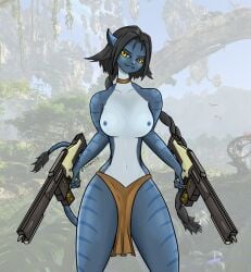 1girls alien alien_girl alien_humanoid avatar avatar:_fire_and_ash big_thighs blue_body blue_skin braid choker dark_hair drawing exposed_breasts exposed_nipples face_paint female gun happy_female loincloth na'vi navi rifle short_hair small_areola small_breasts smile smiling solmerning solo solo_female tail yellow_eyes