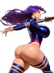 1girls ai_generated ass ass_focus breasts female female_focus female_only large_ass large_breasts looking_at_viewer looking_back marvel marvel_rivals psylocke psylocke_(marvel_rivals) solo sword thick_thighs thighs trazenart weapon white_background