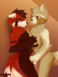 2019 ailurid animal_genitalia anthro blush duo erection fluffy fluffy_tail frottage fur hair hi_res jay_(raccoonbro) male mammal neothedragon nude penis procyonid raccoon red_panda sex simple_background smile white_fur yaoi