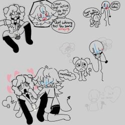 animatic_(animatic_battle) bite_marks_all_over cable_tail clock_(itft) cum_dripping dizzy doodles drooling grabbing_waist grey_background hearts_around_head line_art object_shows silly_face strap-on tearing_up thought_bubble toxic_yuri whimpering whining yelling_at_another yuri