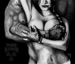 ardatlilitu biceps big_breasts braid braided_hair breast_hold breasts busty covering_breasts crossover duke_nukem duke_nukem_(series) female fingerless_gloves holding_breast lara_croft lara_croft_(classic) male monochrome muscular_arms muscular_male pose posing tomb_raider topless