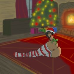 ablazemosquit0 christmas christmas_headwear christmas_outfit elf elf_ears elf_female elf_girl nude nude_female oc original_character pussy pussy_lips sitting_on_chair speech_bubble striped_socks thigh_highs thigh_socks